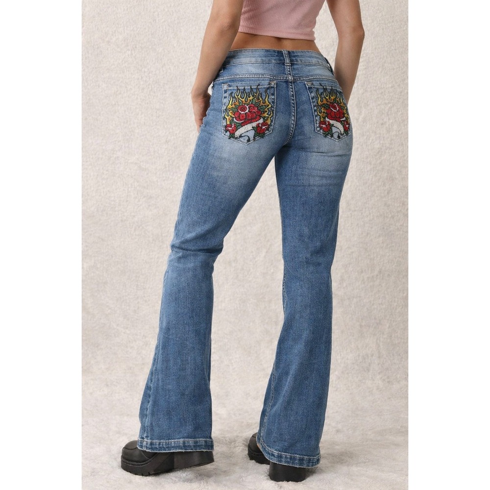 Ninth Hall Alyssia Flare Jeans Womens 2 Blue‎ Embroidered Rose Flame Low Rise